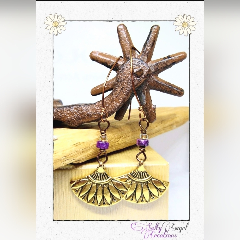 Artisan Bronze Copper Flower Fan Bead Earrings